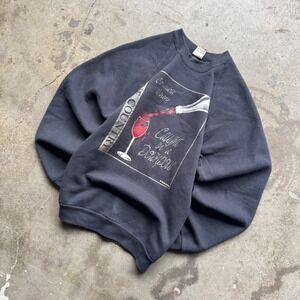 VTG Wine Sweatshirt Mens L Fruit of the Loom 90s Black Faded Stained Pullover
